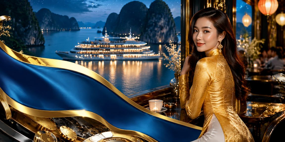 Cảnh vịnh Hạ Long với người dùng thể hiện phong cách Việt Nam truyền thống tại khu du lịch